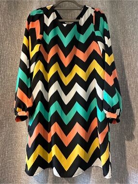 Chevron Print Long Sleeve Tunic Dress - Black with Teal, Coral, Yellow & White